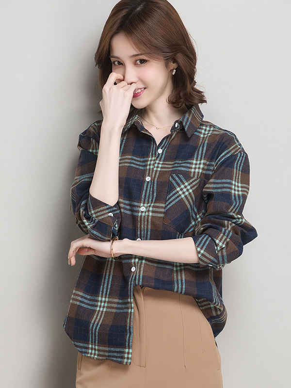 恒源祥女士衬衫2020秋款格子衬衫女士长袖休闲X打底衫时尚上衣女