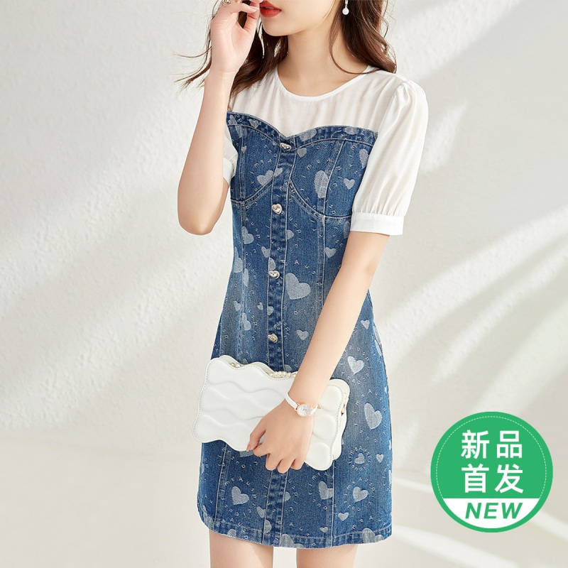 OUNIXUE欧昵雪 | [时尚爱心牛仔裙]夏季温柔风假两件拼接短袖修身连衣裙女