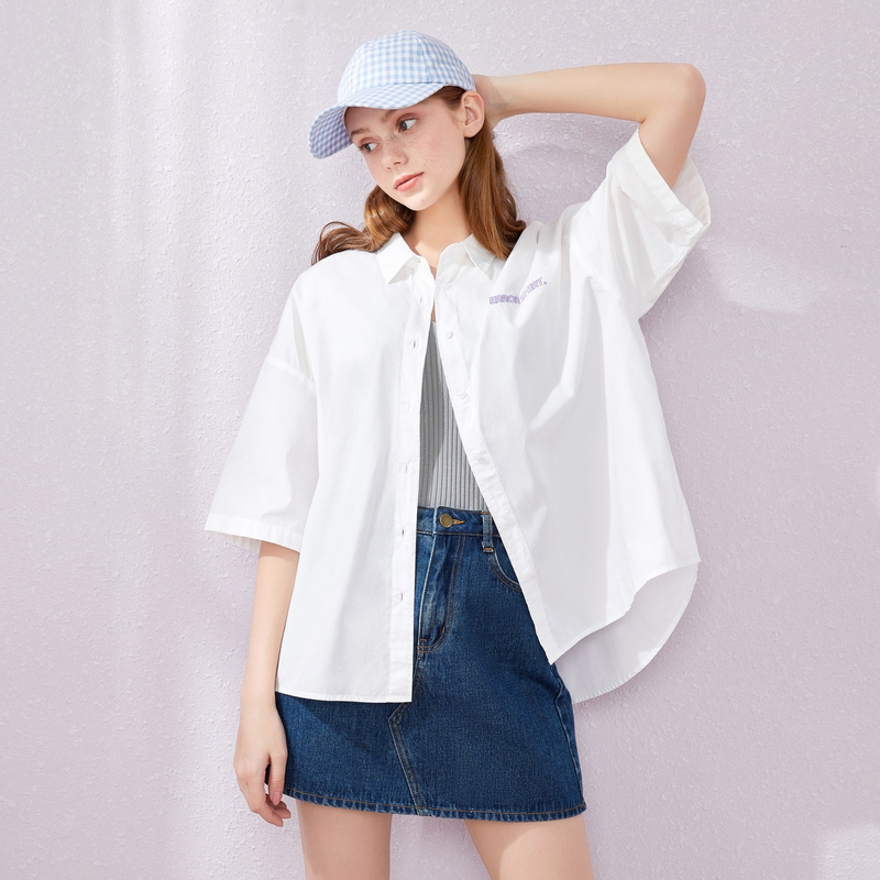 【满198减100预估价：30】Semir森马中袖衬衫女2019夏季新款翻领宽松优雅少女设计感字母刺绣