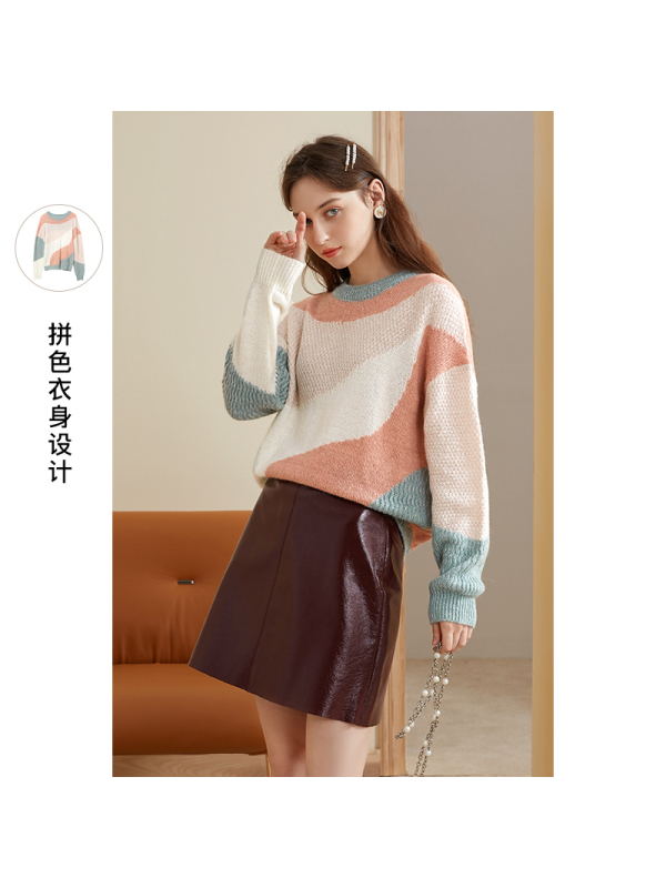 三彩2020秋季新款圆领马海毛宽松金丝针织衫毛衫毛衣女