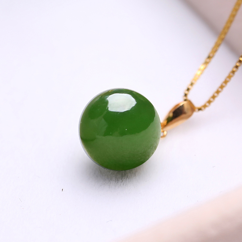 印象眸18k金镶和田玉碧玉项链菠菜绿圆珠锁骨链油润金镶玉吊坠附证书