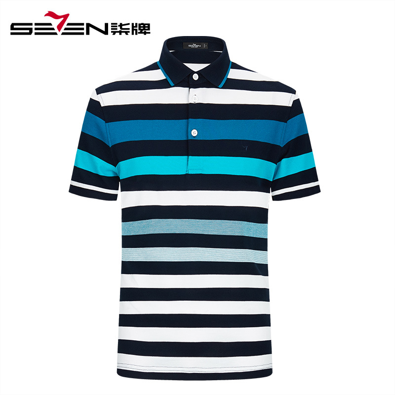 柒牌SEVEN男装POLO衫纯棉青年条纹上衣商务休闲短袖T恤