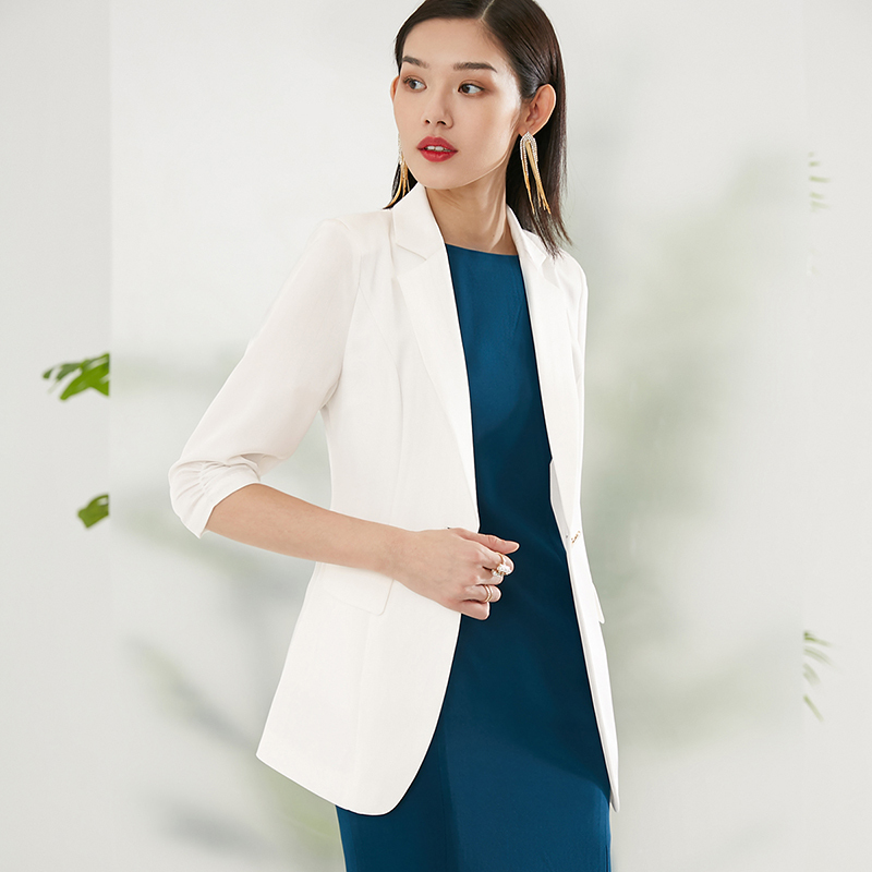 晚白2021春季新品时尚简约纯色修身显瘦一粒扣抽褶袖小西装外套女