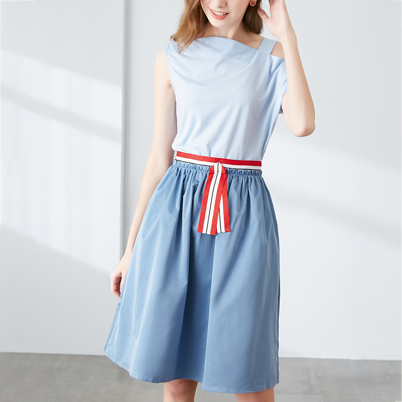 晚白 2020春季新品纯色露肩上衣高腰A字裙中长款半身裙时尚套装女