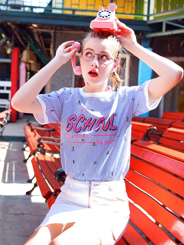 2019夏装新款海军风蓝白条纹全棉t恤女短袖宽松纯棉学生少女上衣