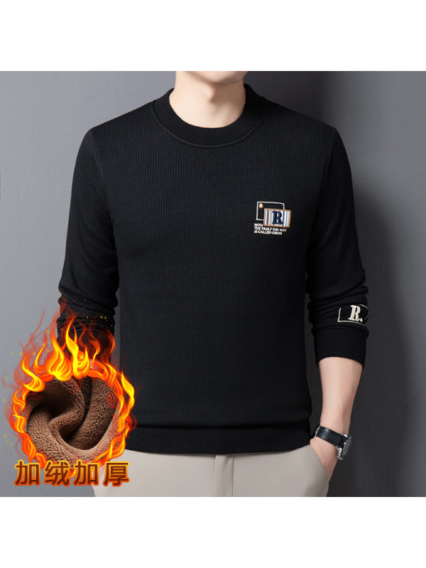 加绒毛衣男士圆领套头休闲刺绣加厚保暖打底男士针织衫