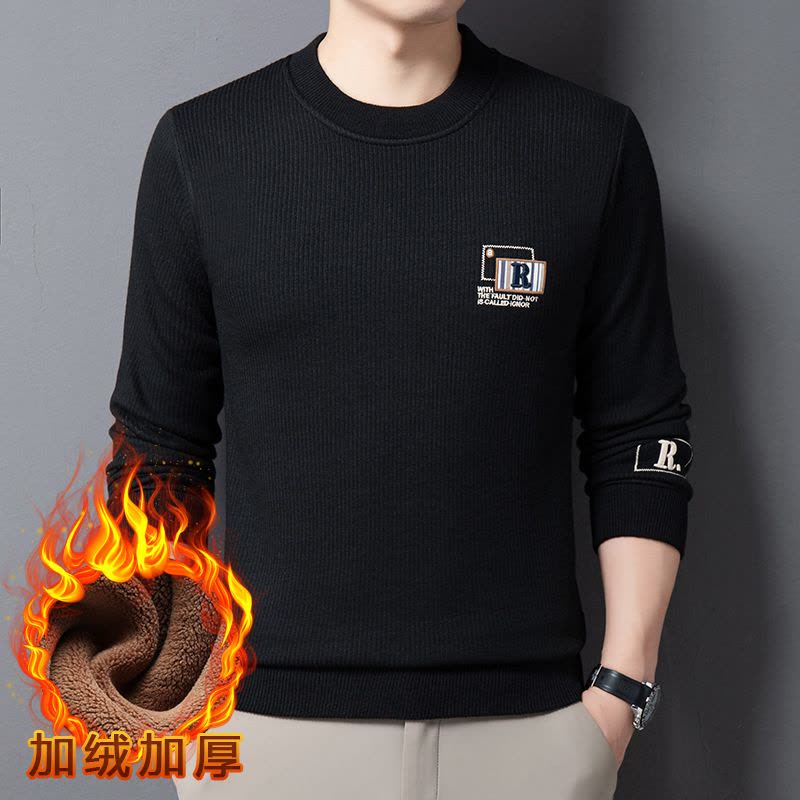 加绒毛衣男士圆领套头休闲刺绣加厚保暖打底男士针织衫图片