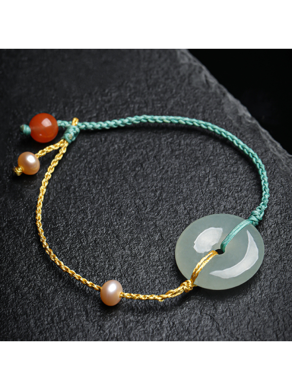 印象眸翡翠平安扣手链手工编绳平安吉祥粉珍珠女款手饰附送证书