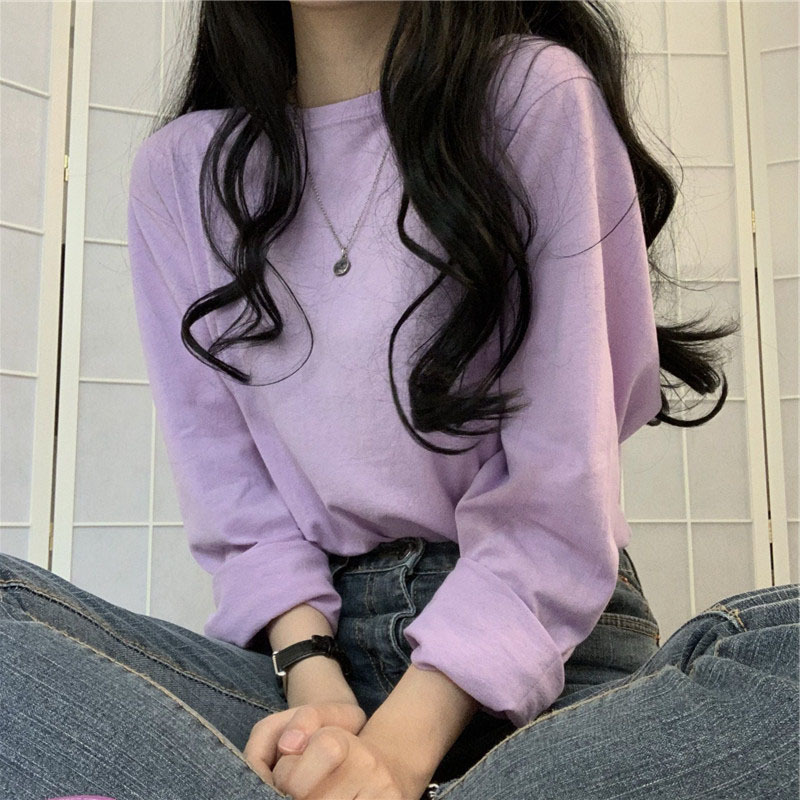 春秋季韩版新款纯色长袖T恤女宽松百搭学生衣服女装上衣