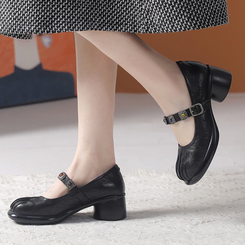 25新款玛丽珍鞋深口羊皮单鞋圆头复古厚底中跟乐福鞋单鞋时尚女鞋图片