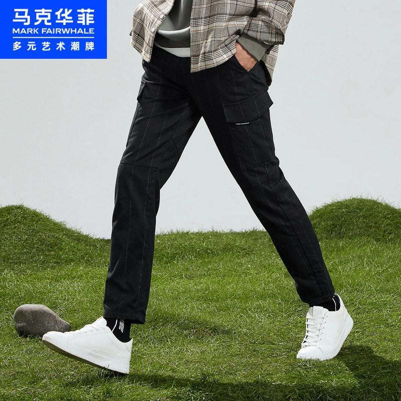 马克华菲潮牌休闲裤男2021春季新款宽松竖条纹潮流工装休闲长裤