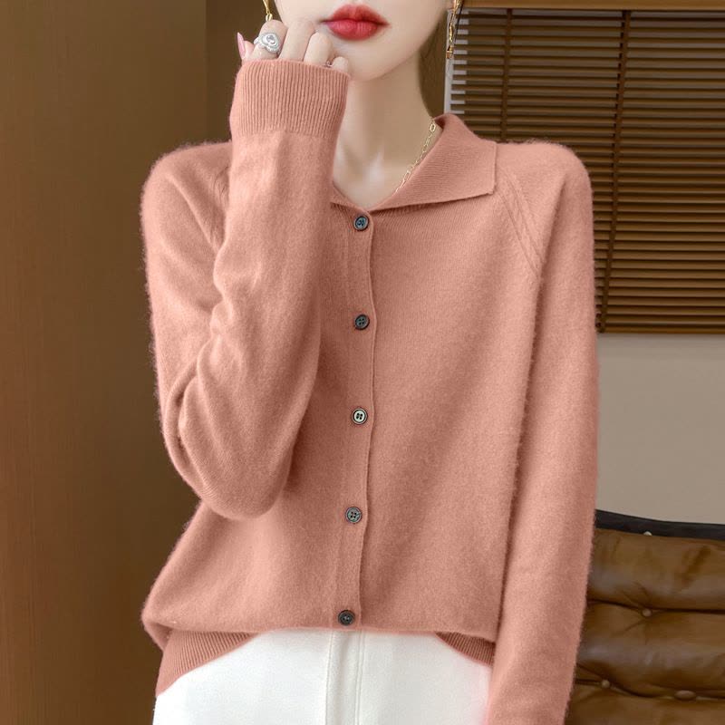新款一线成衣翻领羊毛开衫女年秋冬纯色单排扣宽松针织外套图片