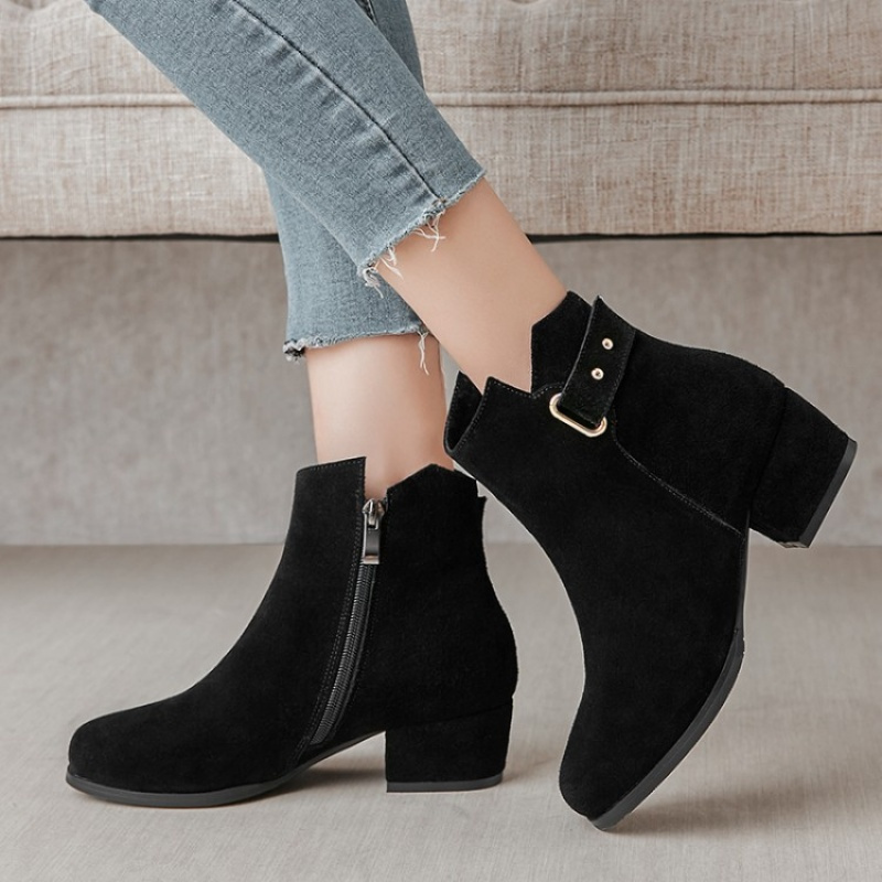 格瑞迪欧 羊皮中跟小短靴女2018新款秋冬季粗跟磨砂翻毛皮靴子英伦风