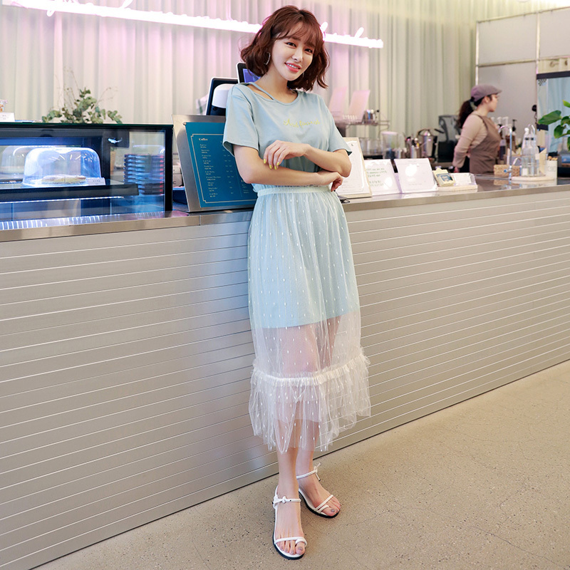 韩都衣舍2018韩版女装夏装新款中长款两件套网纱连衣裙LU7483荃