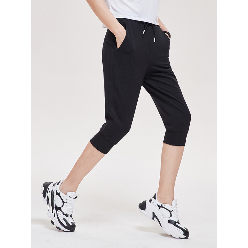 李宁(LI-NING)七分裤女士夏装训练系列棉质罗纹收口舒适透气时尚简约健身跑步休闲运动裤AKQP022