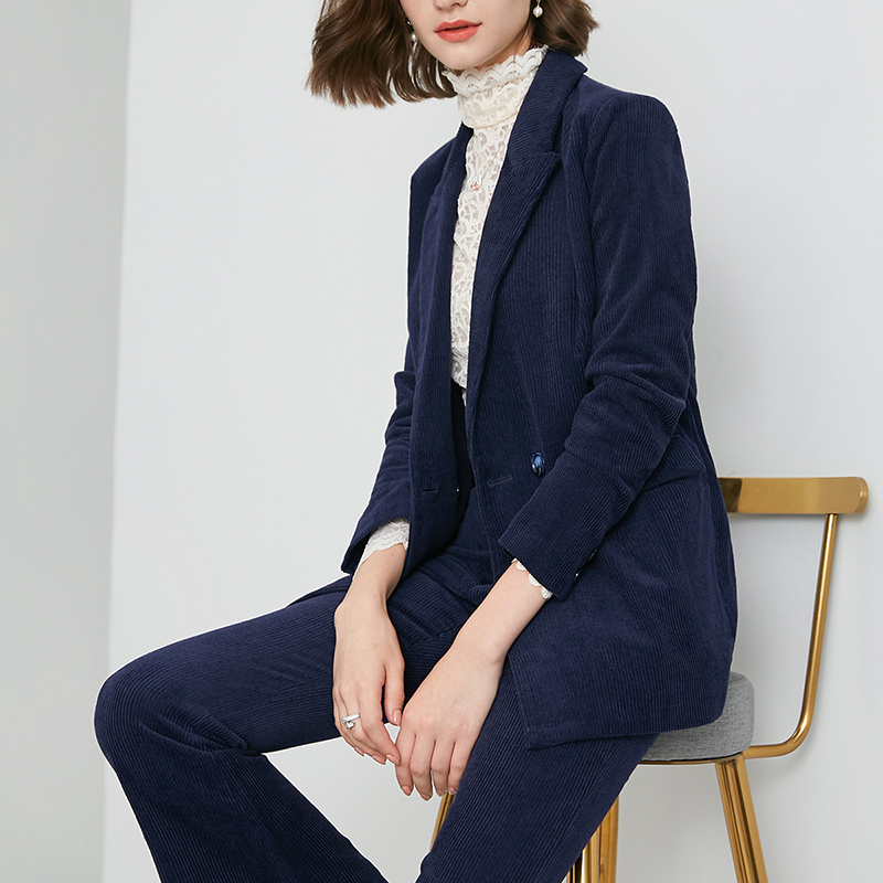 晚白2021春新品职业两件套修身纯色西装外套西裤灯芯绒时尚套装女