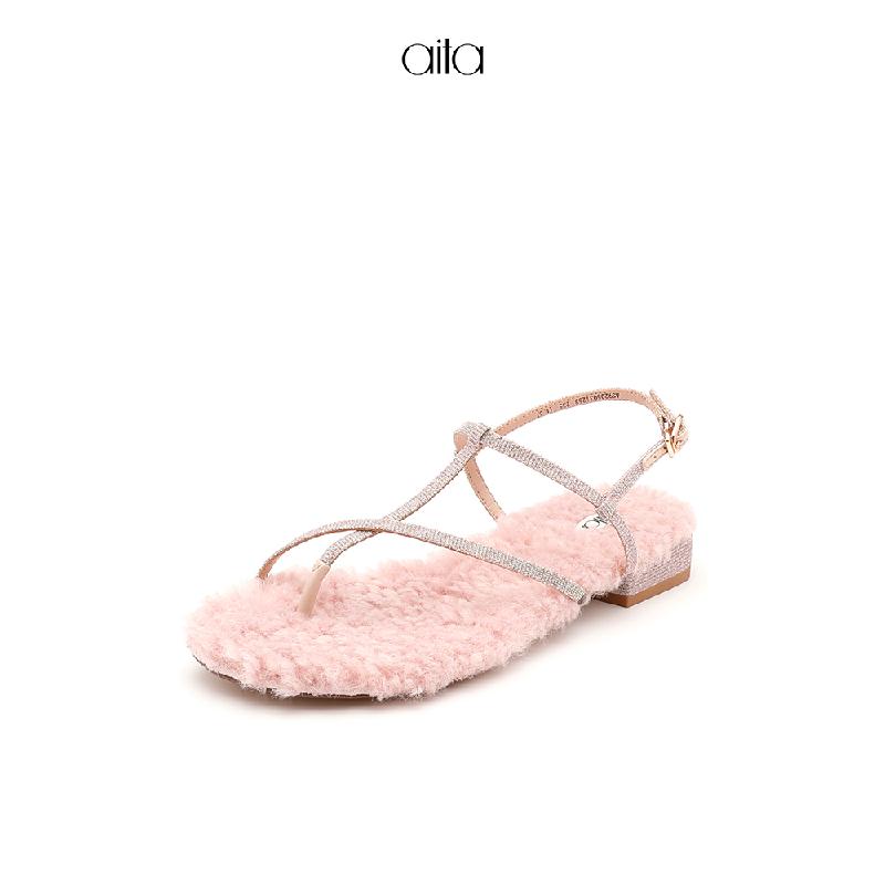 aita艾塔 夏季新款潮毛毛鞋百搭细带平跟一字扣罗马鞋凉鞋