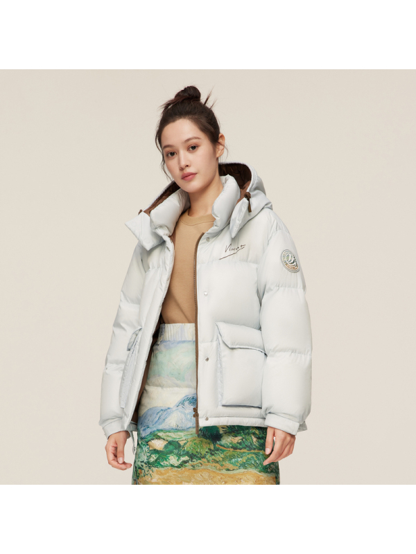 波司登梵高名画系列冬季保暖羽绒服可脱卸帽廓形艺术印花工装风