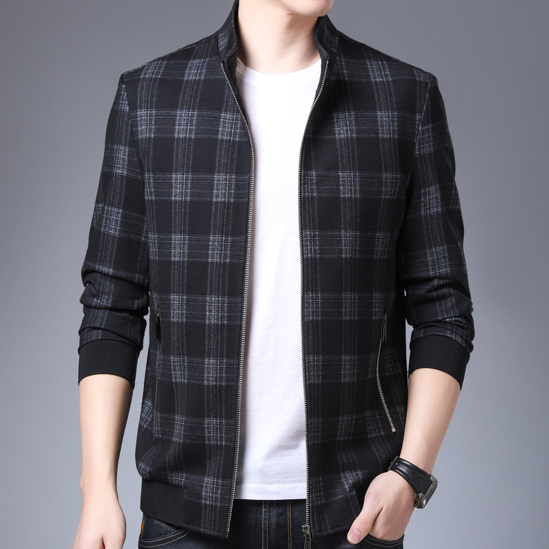 恒源祥立领格子外套春秋新款男士夹克青年上衣中年休闲茄克男装