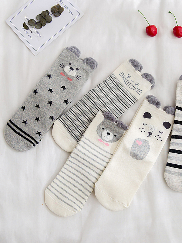 初愫10双装卡通动物图案潮款棉质中筒女袜