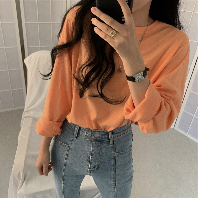 春秋季韩版新款纯色长袖T恤女宽松百搭学生衣服女装上衣