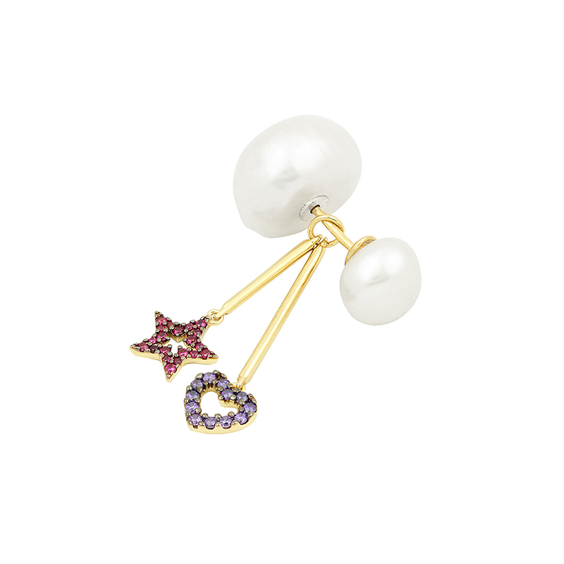 apmmonaco单个心形和星星珍珠耳环女士时尚设计感耳坠长款银耳饰前后