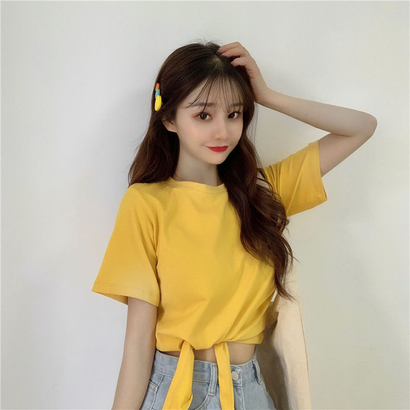 设计感打底衫女夏季新款韩版时尚高腰短款短袖纯色小心机T恤女装