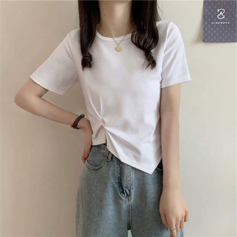 设计感不规则下摆短袖T恤女夏短款打底衫女休闲纯色上衣女装图片