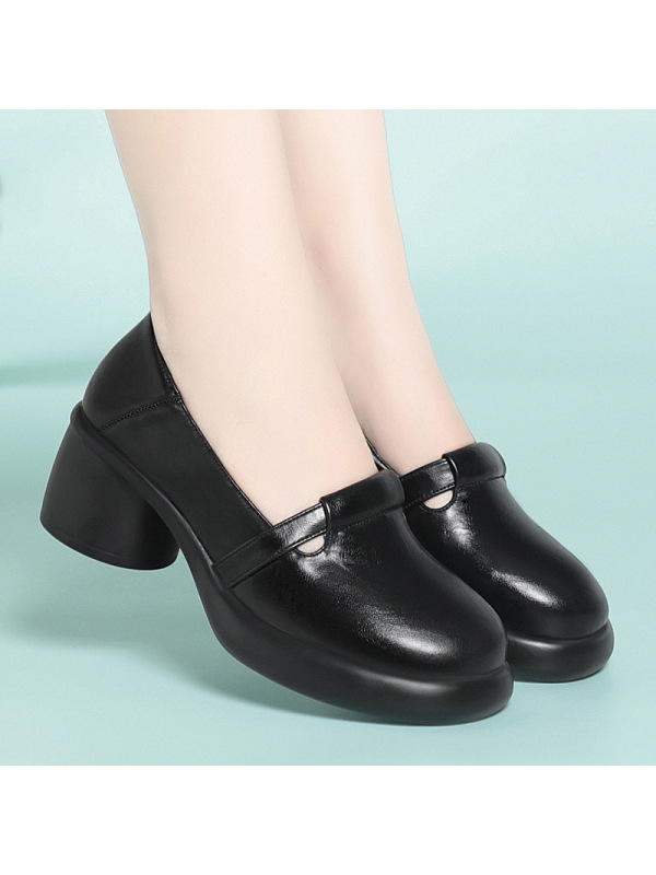 年软皮新款复古圆头厚底大码浅口女鞋软底单鞋懒人粗跟皮鞋