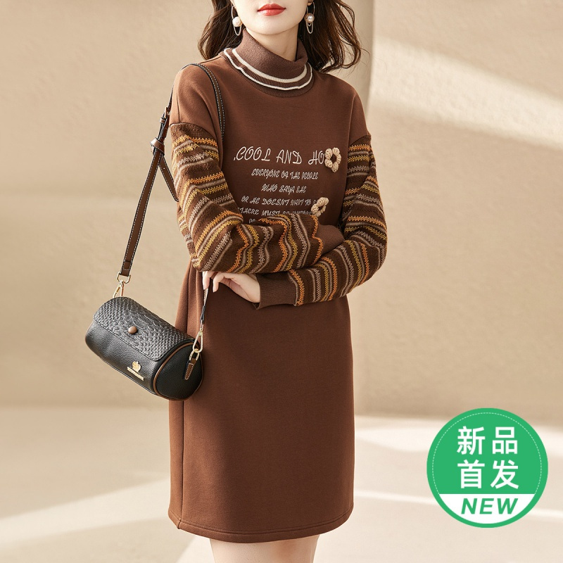 OUNIXUE欧昵雪 | 秋冬时尚高领保暖加绒卫衣裙女落肩长袖休闲连衣裙慵懒风短裙