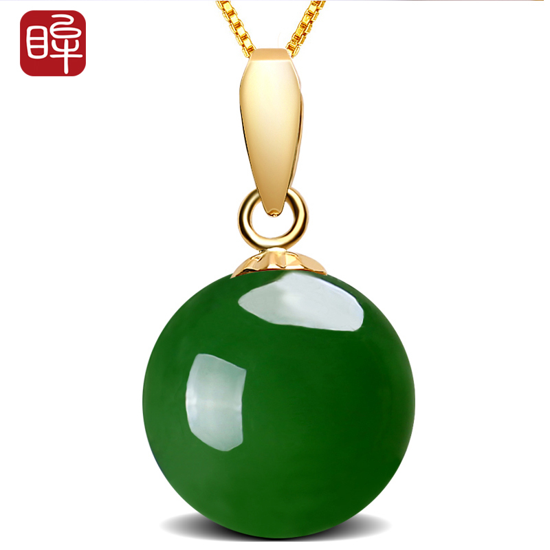 印象眸18k金镶和田玉碧玉项链菠菜绿圆珠锁骨链油润金镶玉吊坠附证书