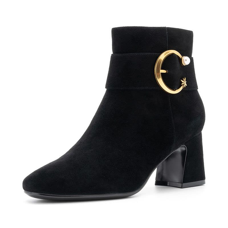 St&Sat/星期六新款优雅金属装饰圆头粗跟短靴SS84116692图片