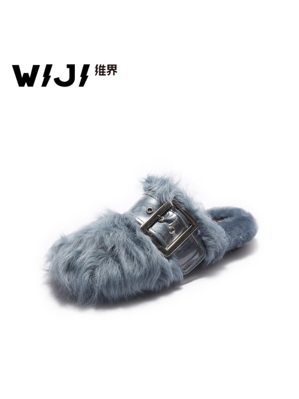 WIJI2018秋冬新款时髦潮流女单鞋休闲舒适羊卷毛金属环扣平底女鞋