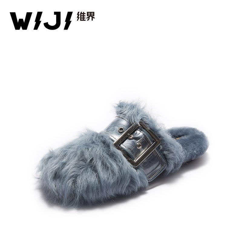 WIJI2018秋冬新款时髦潮流女单鞋休闲舒适羊卷毛金属环扣平底女鞋图片