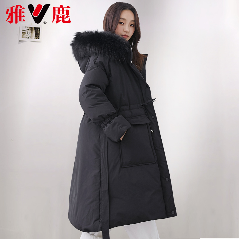 yaloo/雅鹿2019冬装中长款宽松直筒加厚韩版连帽带毛领羽绒服女潮