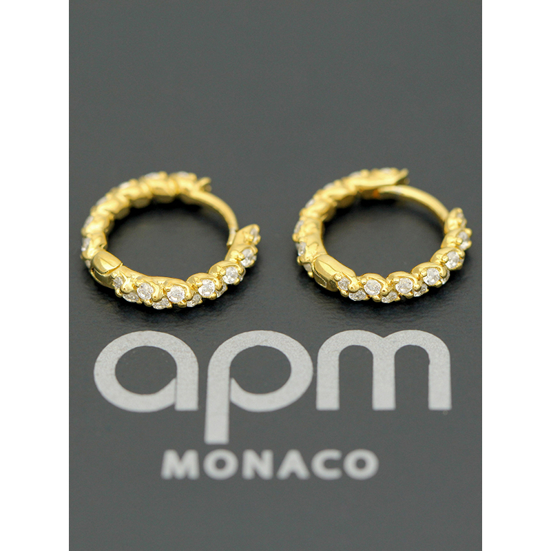 apm MONACO金黄色螺旋镶晶钻单圈小耳环925银耳饰经典穿孔耳坠女士首饰欧美风格AE11567OXY