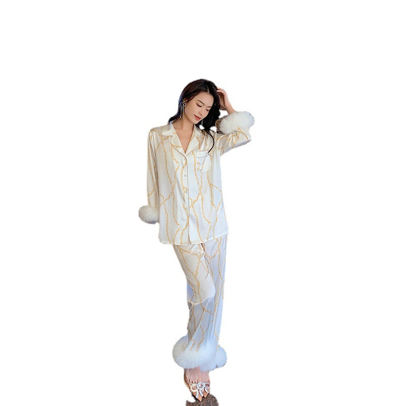 Ceba轻奢睡衣女春夏羽毛拼接感缎面雪纺薄款家居服可外穿