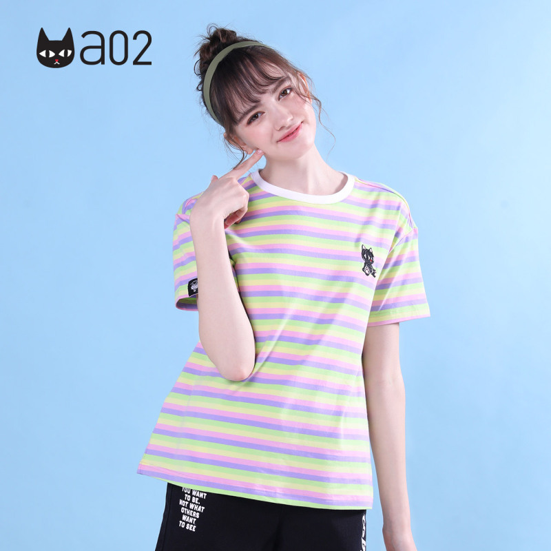 a02新款2020减龄小黑刺绣撞色条纹宽松T恤女潮DTV2C0241KT