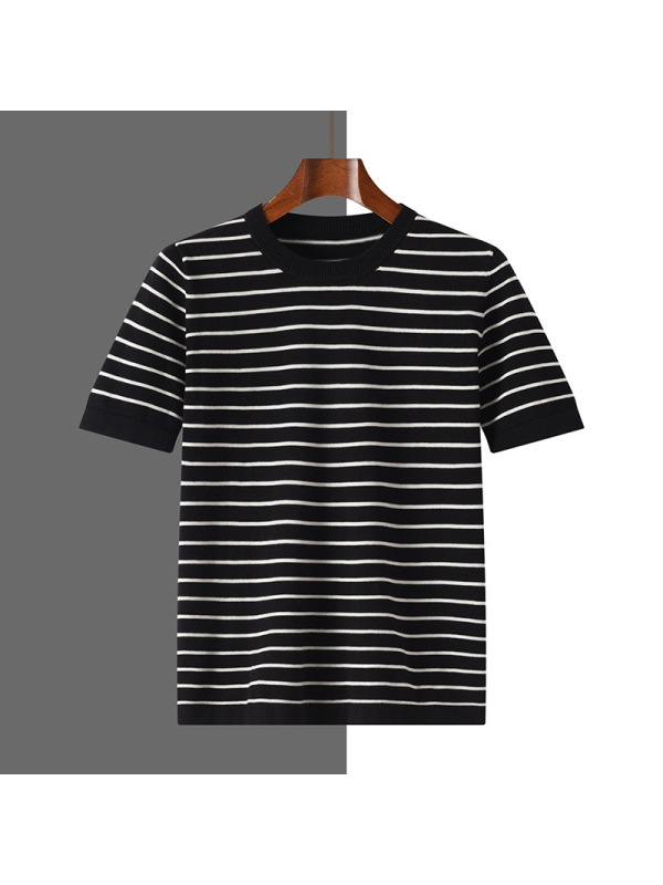 夏季新款男士休闲条纹短袖全棉圆领透气T恤针织半袖上衣外套