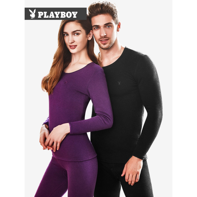 [苏宁自营]PLAYBOY花花公子情侣保暖内衣套装加绒加厚男女士棉圆领