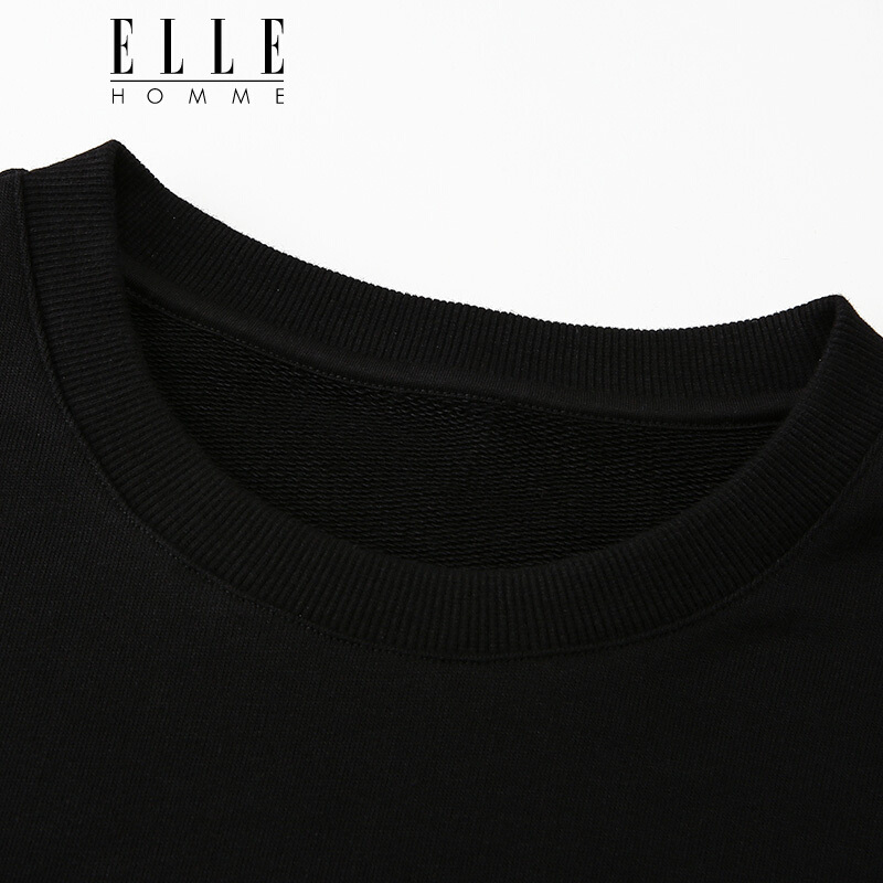 ELLEHOMME男装卫衣男士时尚圆领卫衣青年字母贴布烫钻套头衫黑色
