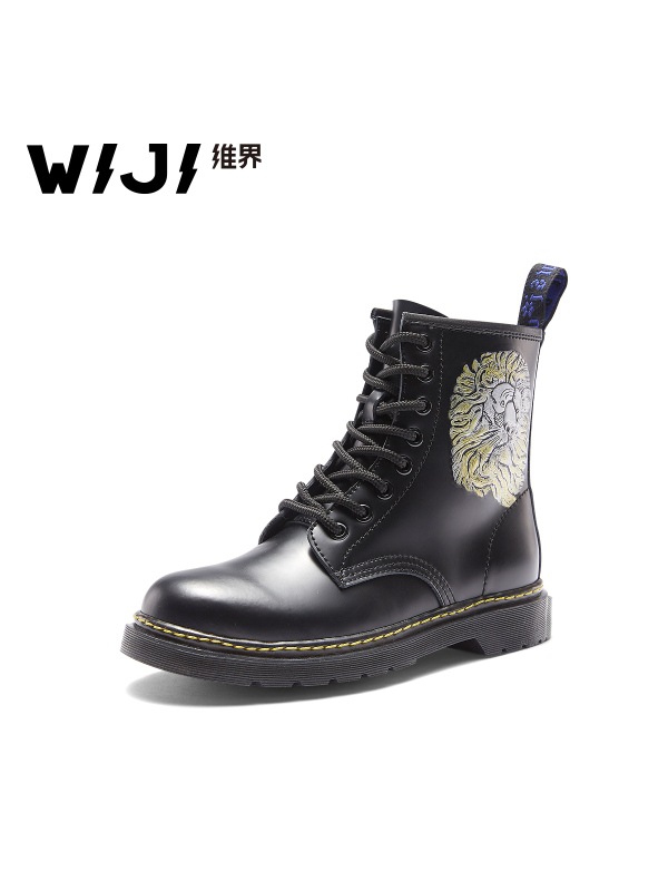 WIJI2018新款女鞋真皮高帮中筒靴单鞋粗跟系带百搭马丁靴个性皮鞋