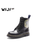 WIJI2018新款女鞋真皮高帮中筒靴单鞋粗跟系带百搭马丁靴个性皮鞋