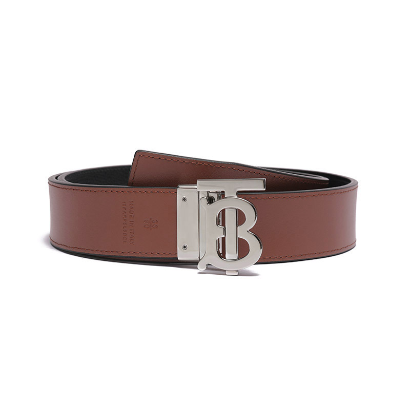博柏利burberry男款牛皮革银色tb专属标识搭扣不可裁剪双面皮带腰带