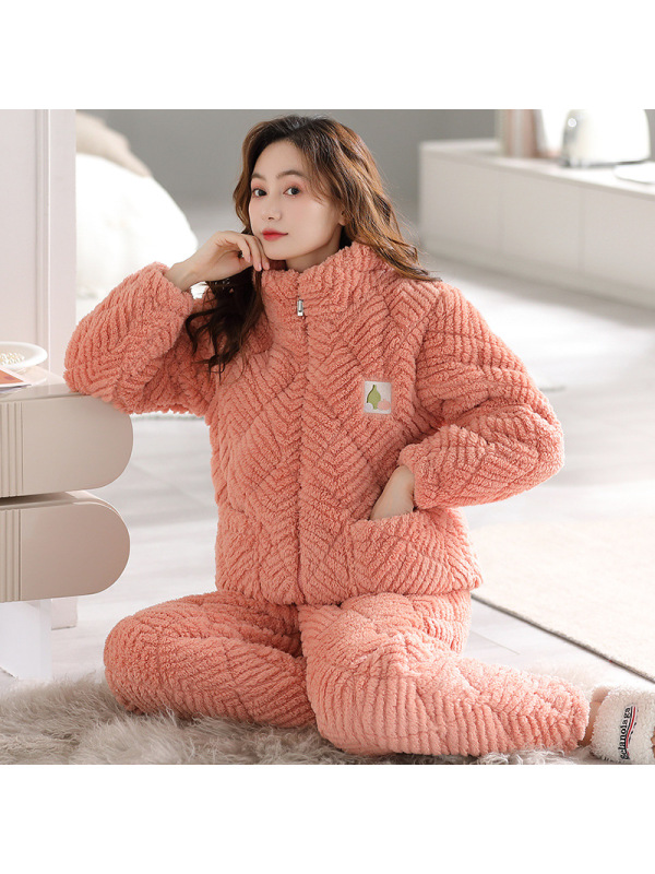 女士三层加厚珊瑚绒夹棉睡衣秋冬季法兰牛奶绒保暖棉袄家居服套装