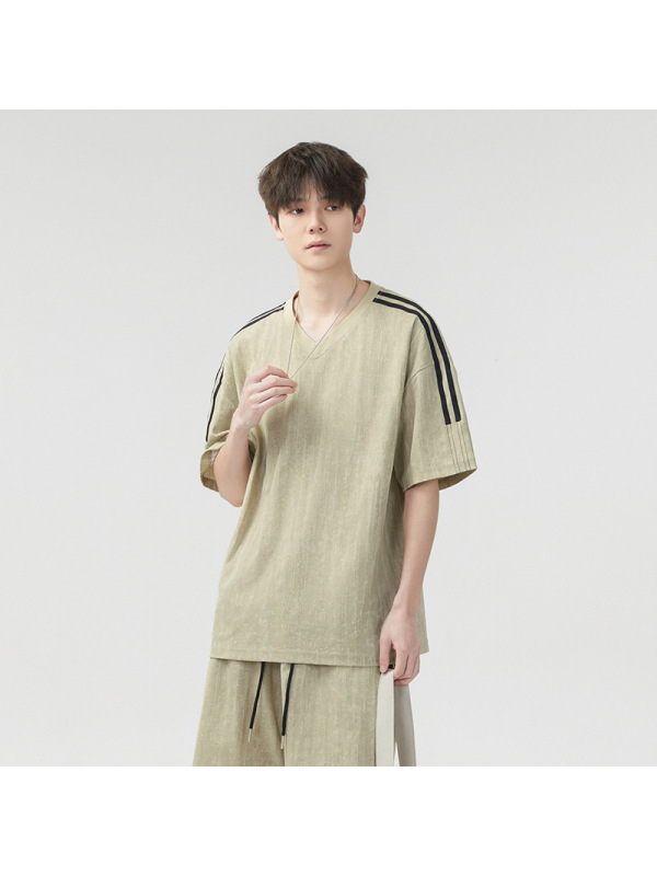 美式复古插肩条纹V领短袖T恤男夏季潮两条杠百搭提花男女同款上衣