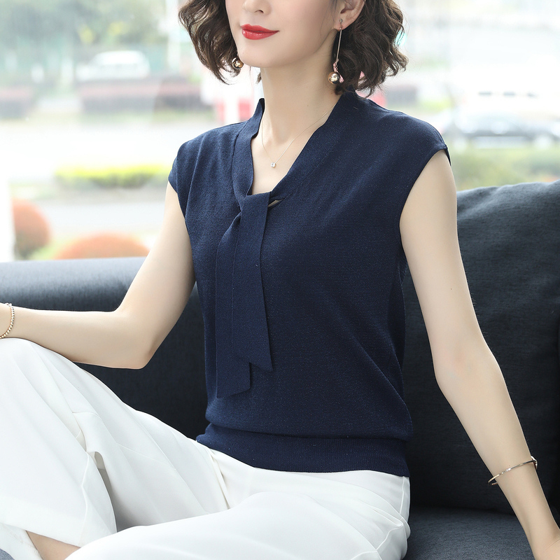 恒源祥2019新款夏季冰丝针织衫短袖T恤女V领口飘带闪亮丝薄款上衣