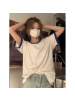 棉质短袖T恤女夏季新款小众设计感撞色宽松正肩半袖显瘦上衣