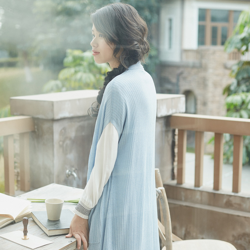 茵曼秋装新款简约净色长款短袖针织开衫百搭款女