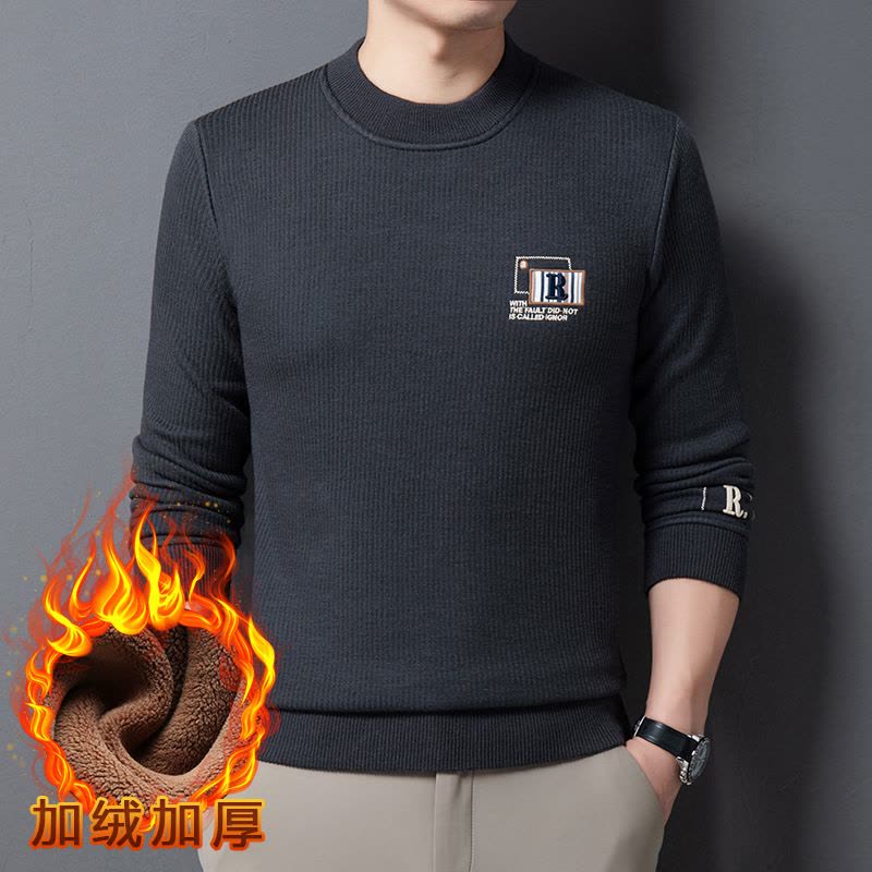 加绒毛衣男士圆领套头休闲刺绣加厚保暖打底男士针织衫图片